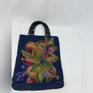 Hand Made Vintage Artisan Hippie Boho Purse tote Bag Beaded Fruit Flowers Lined